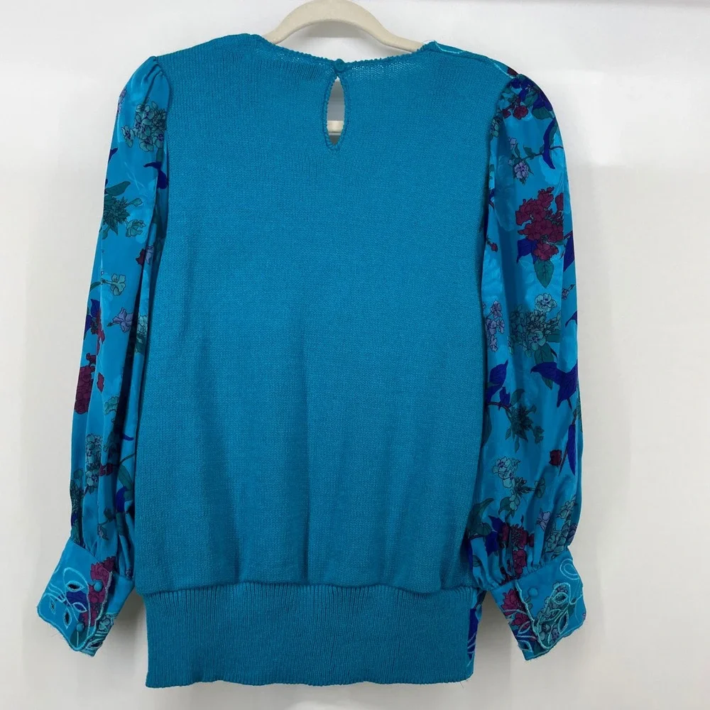 Umi Collections Anne Crimmins Size L Blouse Vintage Top Blue Floral Embroidered